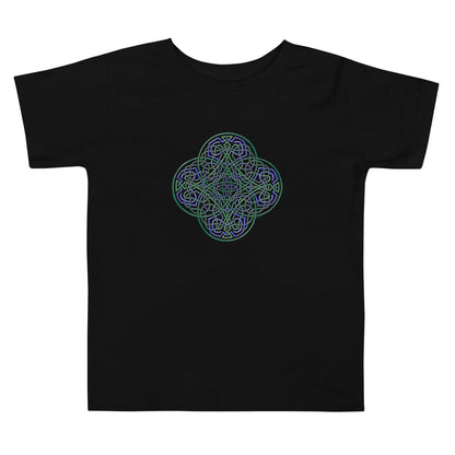 A black Xigfireon toddler graphic t-shirt featuring the Living Colour iteration of the Reach Of The Spirit Celtic knot design. The Reach Of The Spirit Celtic knot symbolizes Mother Earth.