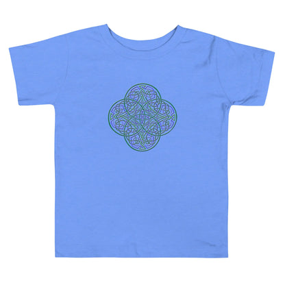 A heather Columbia blue Xigfireon toddler graphic t-shirt featuring the Living Colour iteration of the Reach Of The Spirit Celtic knot design. The Reach Of The Spirit Celtic knot symbolizes Mother Earth.