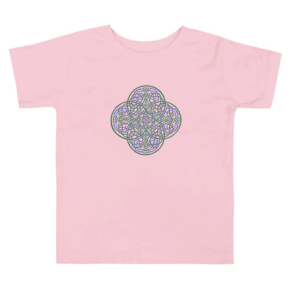A pink Xigfireon toddler graphic t-shirt featuring the Living Colour iteration of the Reach Of The Spirit Celtic knot design. The Reach Of The Spirit Celtic knot represents Mother Earth.