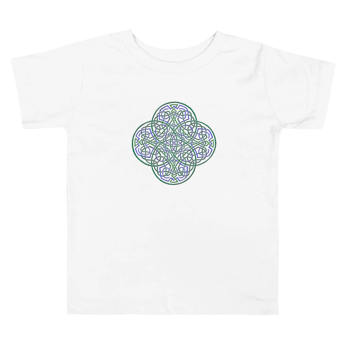 A white Xigfireon toddler graphic t-shirt featuring the Living Colour iteration of the Reach Of The Spirit Celtic knot design. The Reach Of The Spirit Celtic knot symbolizes Mother Earth.