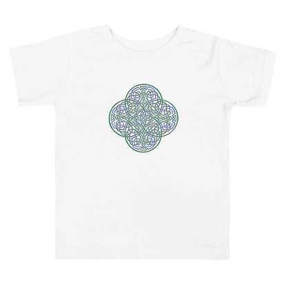 A white Xigfireon toddler graphic t-shirt featuring the Living Colour iteration of the Reach Of The Spirit Celtic knot design. The Reach Of The Spirit Celtic knot symbolizes Mother Earth.