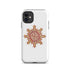 An iPhone 11 in a Xigfireon glossy white tough phone case featuring the Fire Colour iteration of the Morning Star Fire Celtic knot design. The Morning Star Fire Celtic knot design is a Sun symbol.