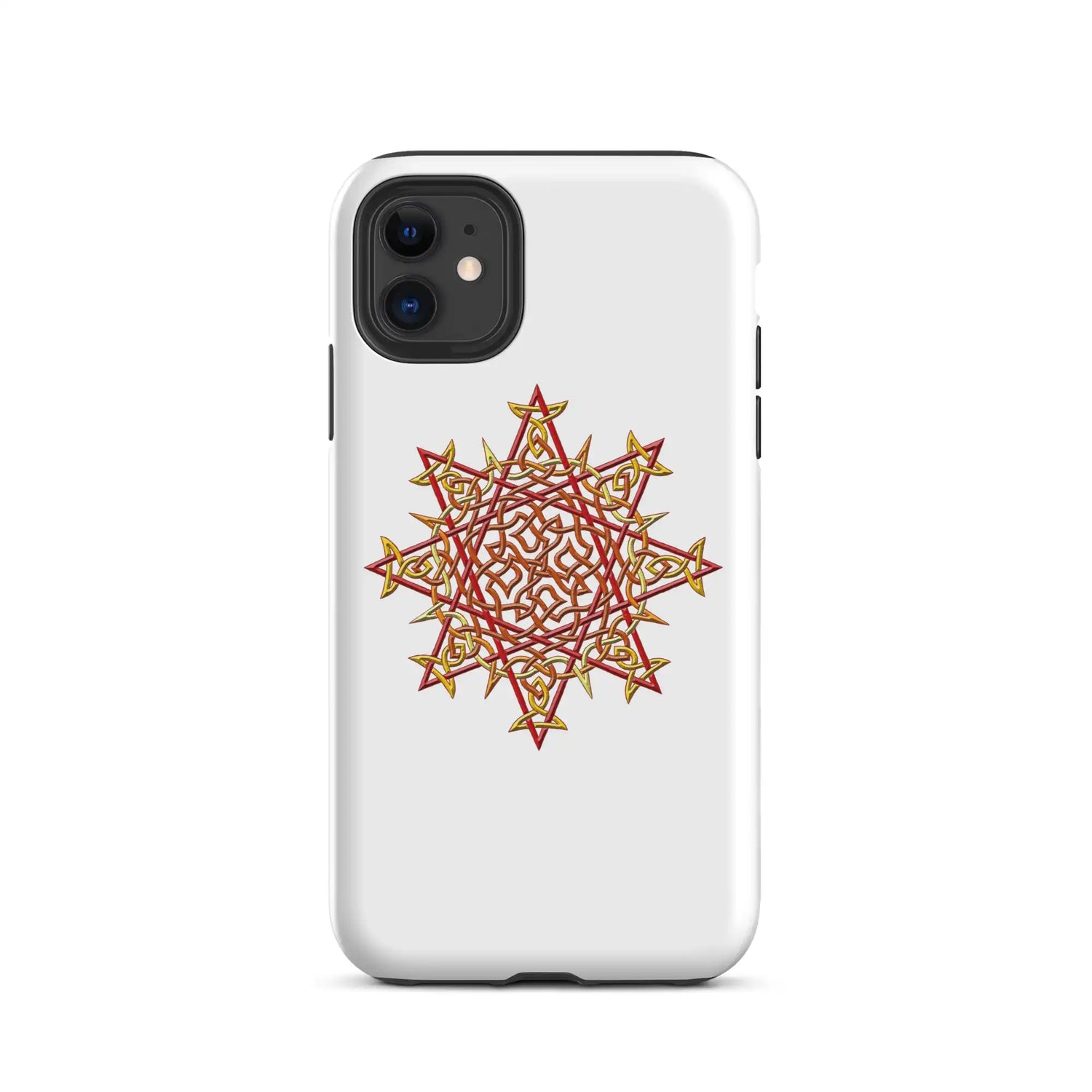 An iPhone 11 in a Xigfireon matte white tough phone case featuring the Fire Colour iteration of the Morning Star Fire Celtic knot design. The Morning Star Fire Celtic knot design is a Sun symbol.