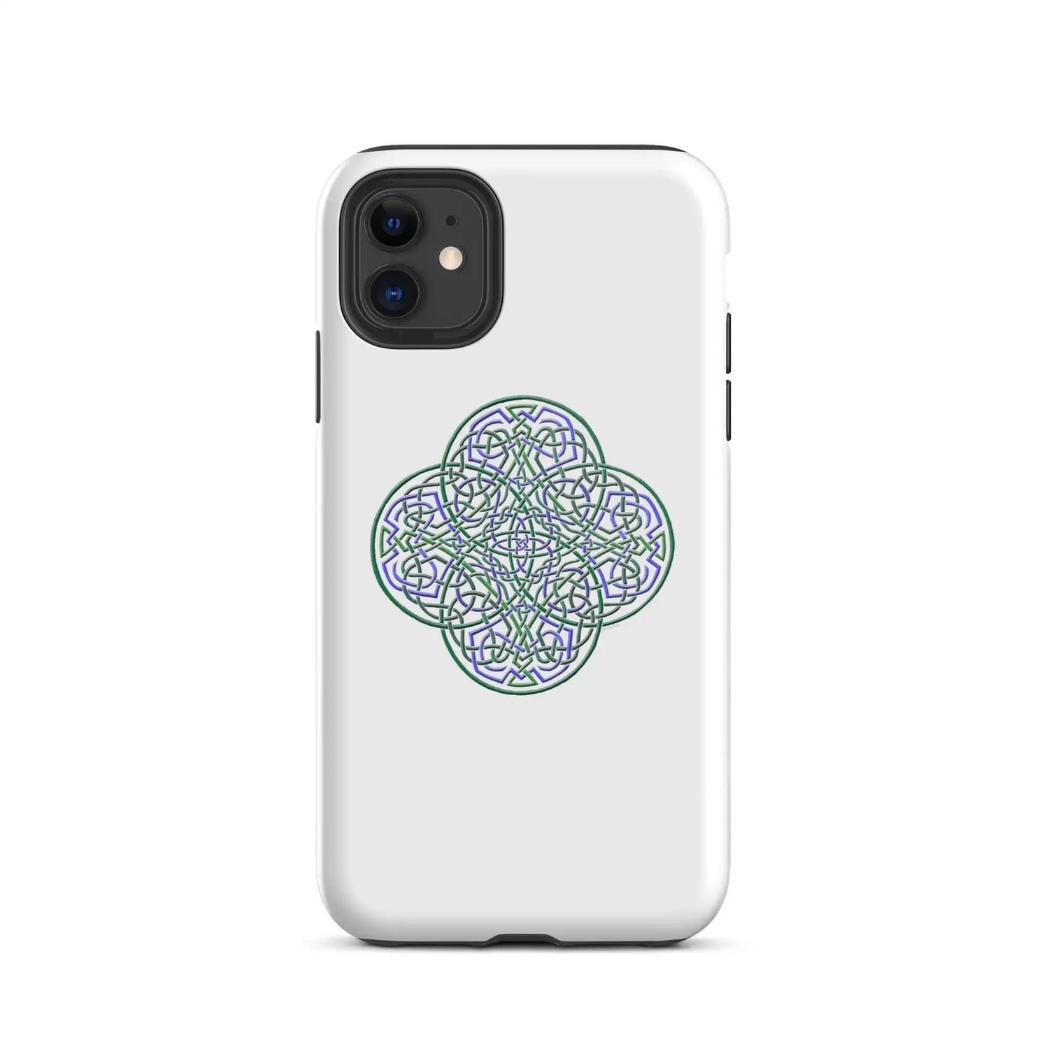 An iPhone 11 in a Xigfireon glossy white tough phone case featuring the Living Colour iteration of the Reach Of The Spirit Celtic knot design. The Reach Of The Spirit Celtic knot design is an Earth symbol.