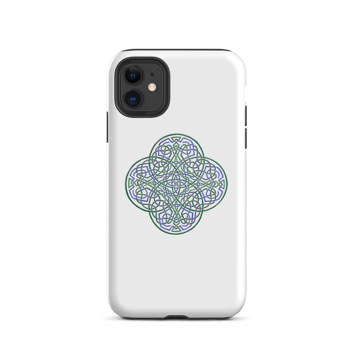 An iPhone 11 in a Xigfireon glossy white tough phone case featuring the Living Colour iteration of the Reach Of The Spirit Celtic knot design. The Reach Of The Spirit Celtic knot design is an Earth symbol.