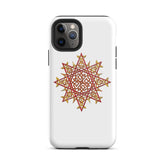 An iPhone 11 Pro in a Xigfireon glossy white tough phone case featuring the Fire Colour iteration of the Morning Star Fire Celtic knot design. The Morning Star Fire Celtic knot design is a Sun symbol.