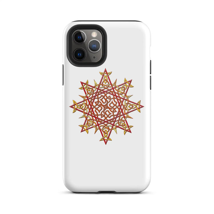 An iPhone 11 Pro in a Xigfireon glossy white tough phone case featuring the Fire Colour iteration of the Morning Star Fire Celtic knot design. The Morning Star Fire Celtic knot design is a Sun symbol.