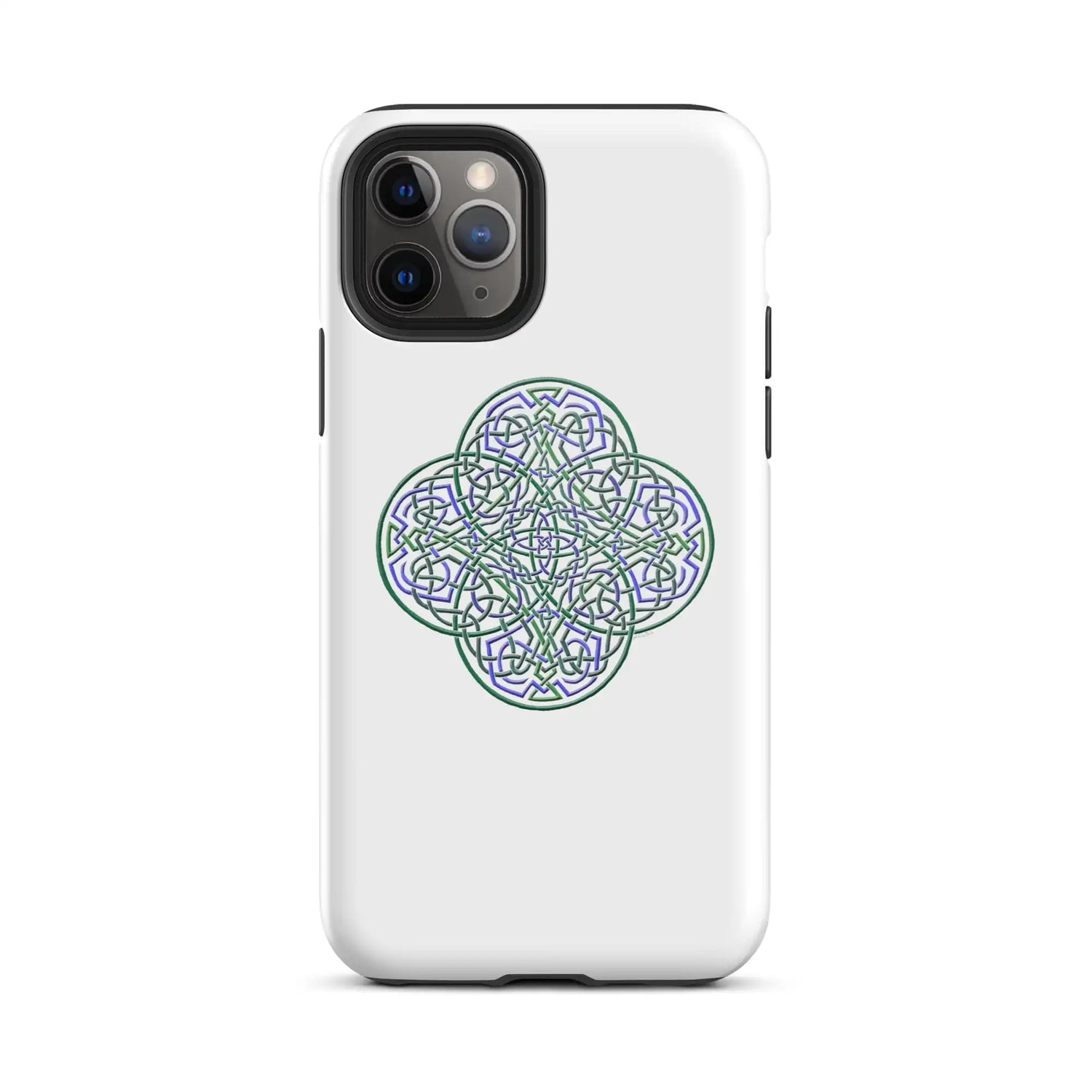 An iPhone 11 Pro in a Xigfireon glossy white tough phone case featuring the Living Colour iteration of the Reach Of The Spirit Celtic knot design. The Reach Of The Spirit Celtic knot design is an Earth symbol.