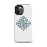 An iPhone 11 Pro in a Xigfireon glossy white tough phone case featuring the Living Colour iteration of the Reach Of The Spirit Celtic knot design. The Reach Of The Spirit Celtic knot design is an Earth symbol.