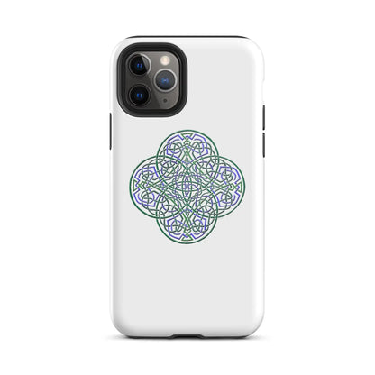 An iPhone 11 Pro in a Xigfireon glossy white tough phone case featuring the Living Colour iteration of the Reach Of The Spirit Celtic knot design. The Reach Of The Spirit Celtic knot design is an Earth symbol.