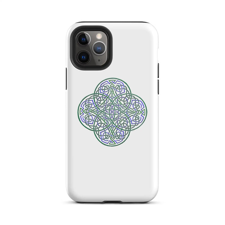 An iPhone 11 Pro in a Xigfireon glossy white tough phone case featuring the Living Colour iteration of the Reach Of The Spirit Celtic knot design. The Reach Of The Spirit Celtic knot design is an Earth symbol.