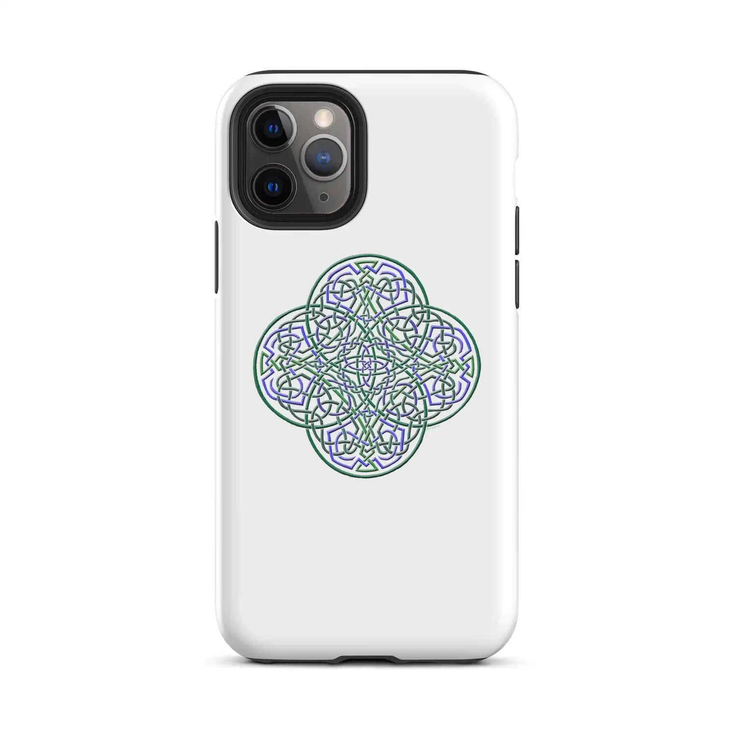 An iPhone 11 Pro in a Xigfireon matte white tough phone case featuring the Living Colour iteration of the Reach Of The Spirit Celtic knot design. The Reach Of The Spirit Celtic knot design is an Earth symbol.