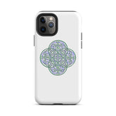 An iPhone 11 Pro in a Xigfireon matte white tough phone case featuring the Living Colour iteration of the Reach Of The Spirit Celtic knot design. The Reach Of The Spirit Celtic knot design is an Earth symbol.