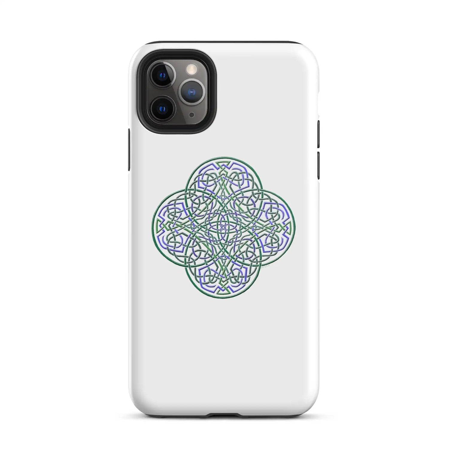 An iPhone 11 Pro Max in a Xigfireon glossy white tough phone case featuring the Living Colour iteration of the Reach Of The Spirit Celtic knot design. The Reach Of The Spirit Celtic knot design is an Earth symbol.