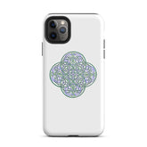 An iPhone 11 Pro Max in a Xigfireon glossy white tough phone case featuring the Living Colour iteration of the Reach Of The Spirit Celtic knot design. The Reach Of The Spirit Celtic knot design is an Earth symbol.