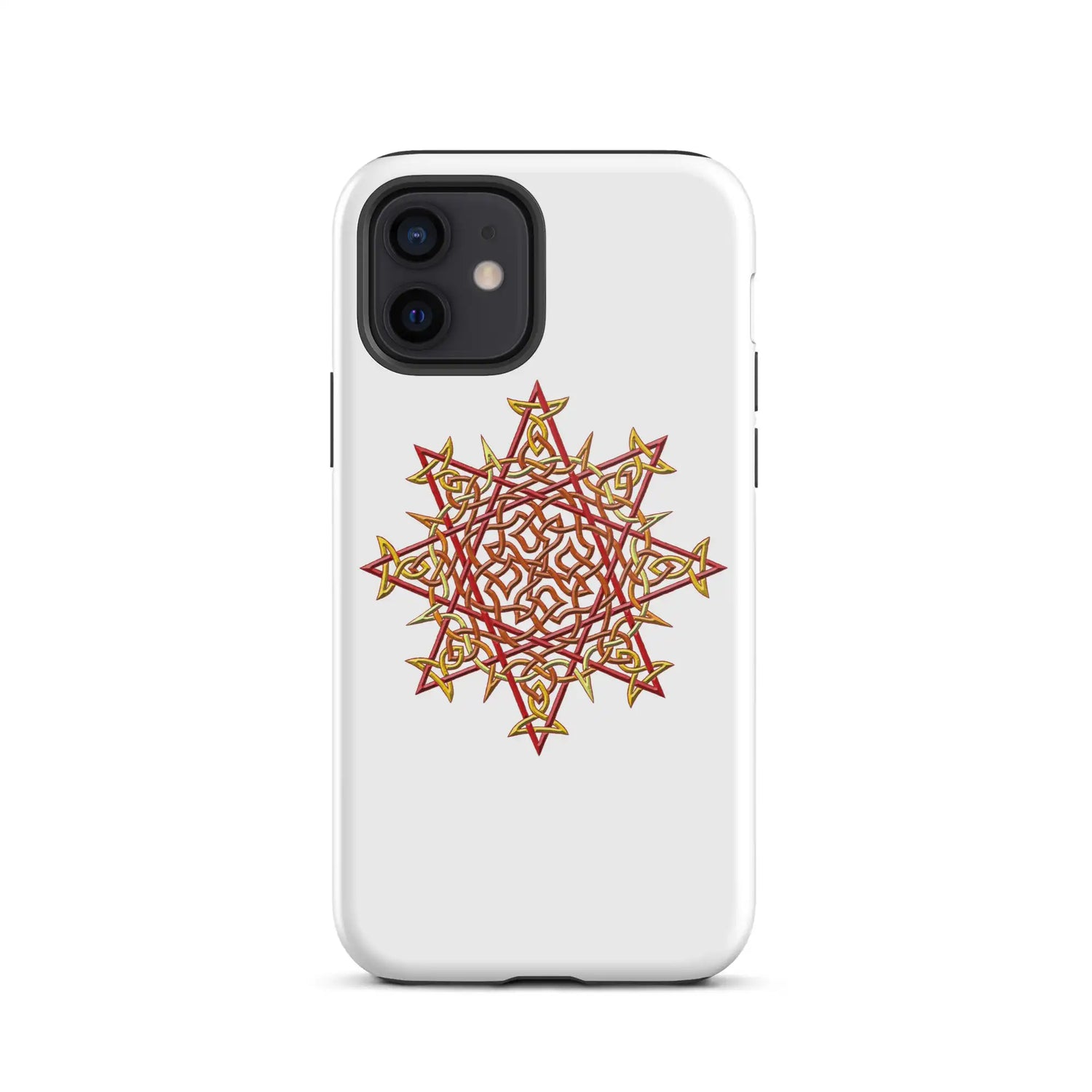 An iPhone 12 in a Xigfireon glossy white tough phone case featuring the Fire Colour iteration of the Morning Star Fire Celtic knot design. The Morning Star Fire Celtic knot design is a Sun symbol.
