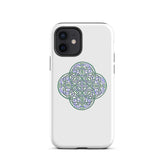 An iPhone 12 in a Xigfireon glossy white tough phone case featuring the Living Colour iteration of the Reach Of The Spirit Celtic knot design. The Reach Of The Spirit Celtic knot design is an Earth symbol.