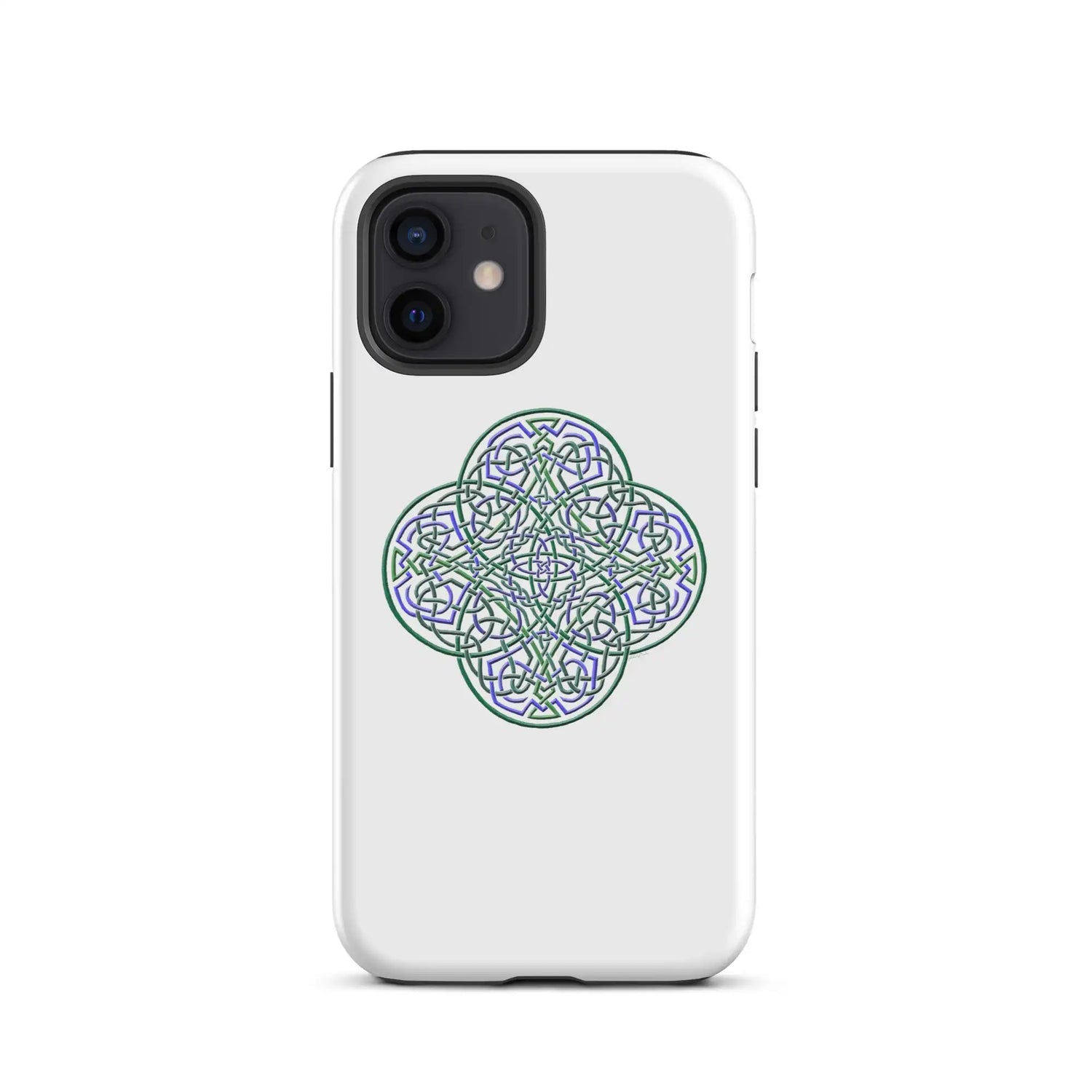 An iPhone 12 in a Xigfireon matte white tough phone case featuring the Living Colour iteration of the Reach Of The Spirit Celtic knot design. The Reach Of The Spirit Celtic knot design is an Earth symbol.