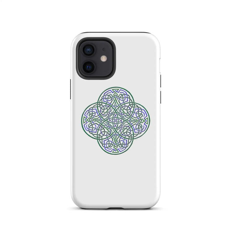 An iPhone 12 in a Xigfireon matte white tough phone case featuring the Living Colour iteration of the Reach Of The Spirit Celtic knot design. The Reach Of The Spirit Celtic knot design is an Earth symbol.
