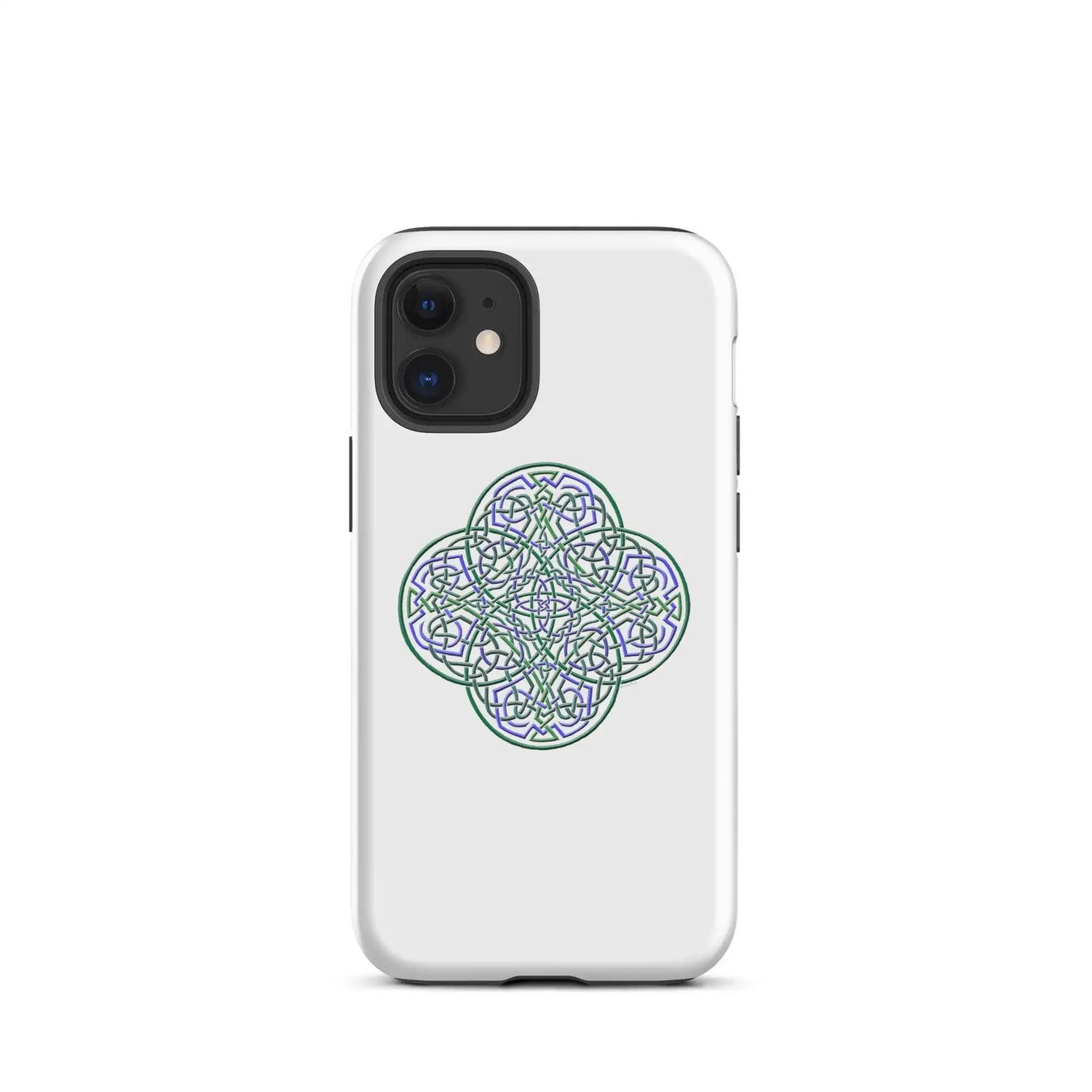 An iPhone 12 Mini in a Xigfireon matte white tough phone case featuring the Living Colour iteration of the Reach Of The Spirit Celtic knot design. The Reach Of The Spirit Celtic knot design is an Earth symbol.