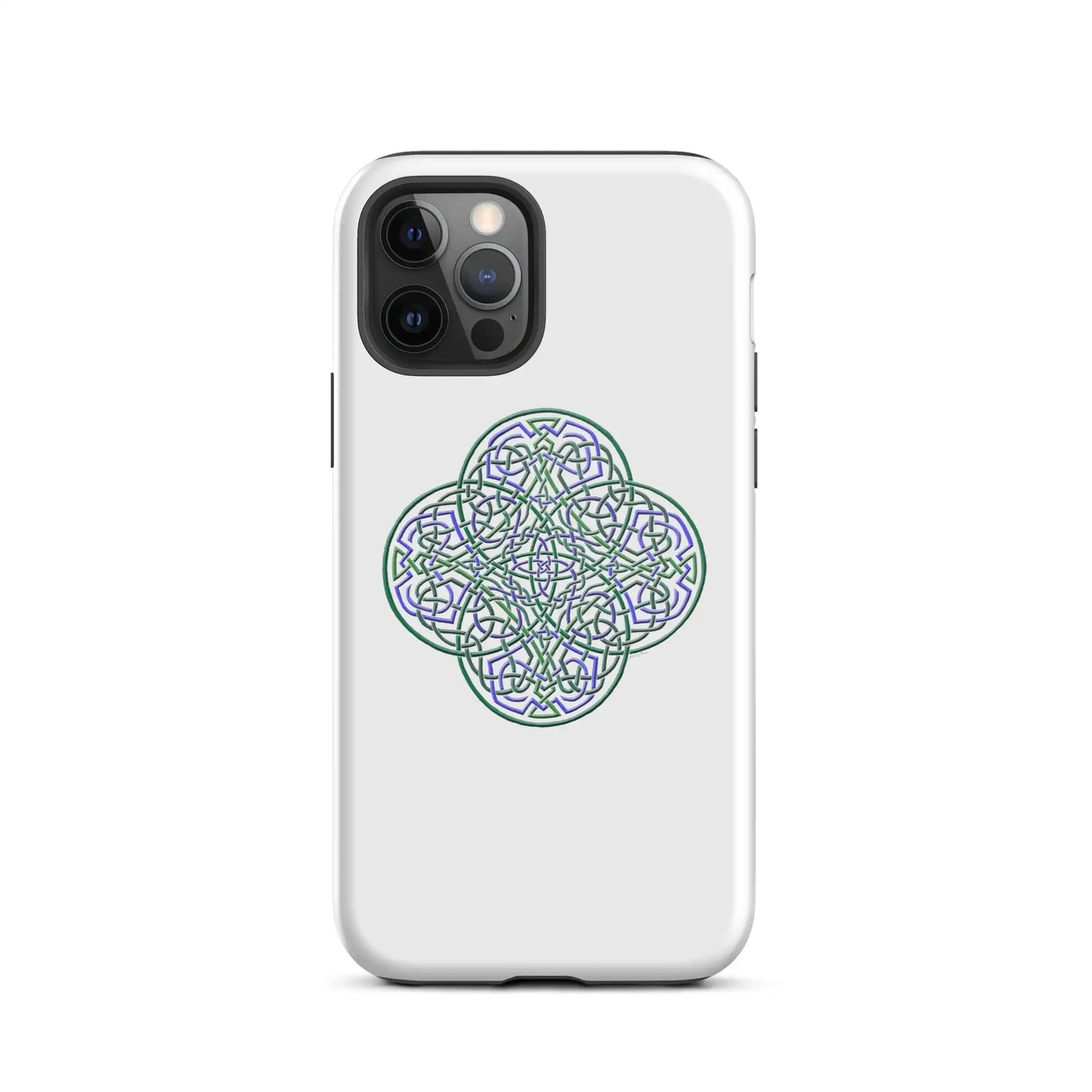 An iPhone 12 Pro in a Xigfireon glossy white tough phone case featuring the Living Colour iteration of the Reach Of The Spirit Celtic knot design. The Reach Of The Spirit Celtic knot design is an Earth symbol.