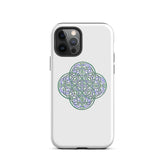 An iPhone 12 Pro in a Xigfireon glossy white tough phone case featuring the Living Colour iteration of the Reach Of The Spirit Celtic knot design. The Reach Of The Spirit Celtic knot design is an Earth symbol.