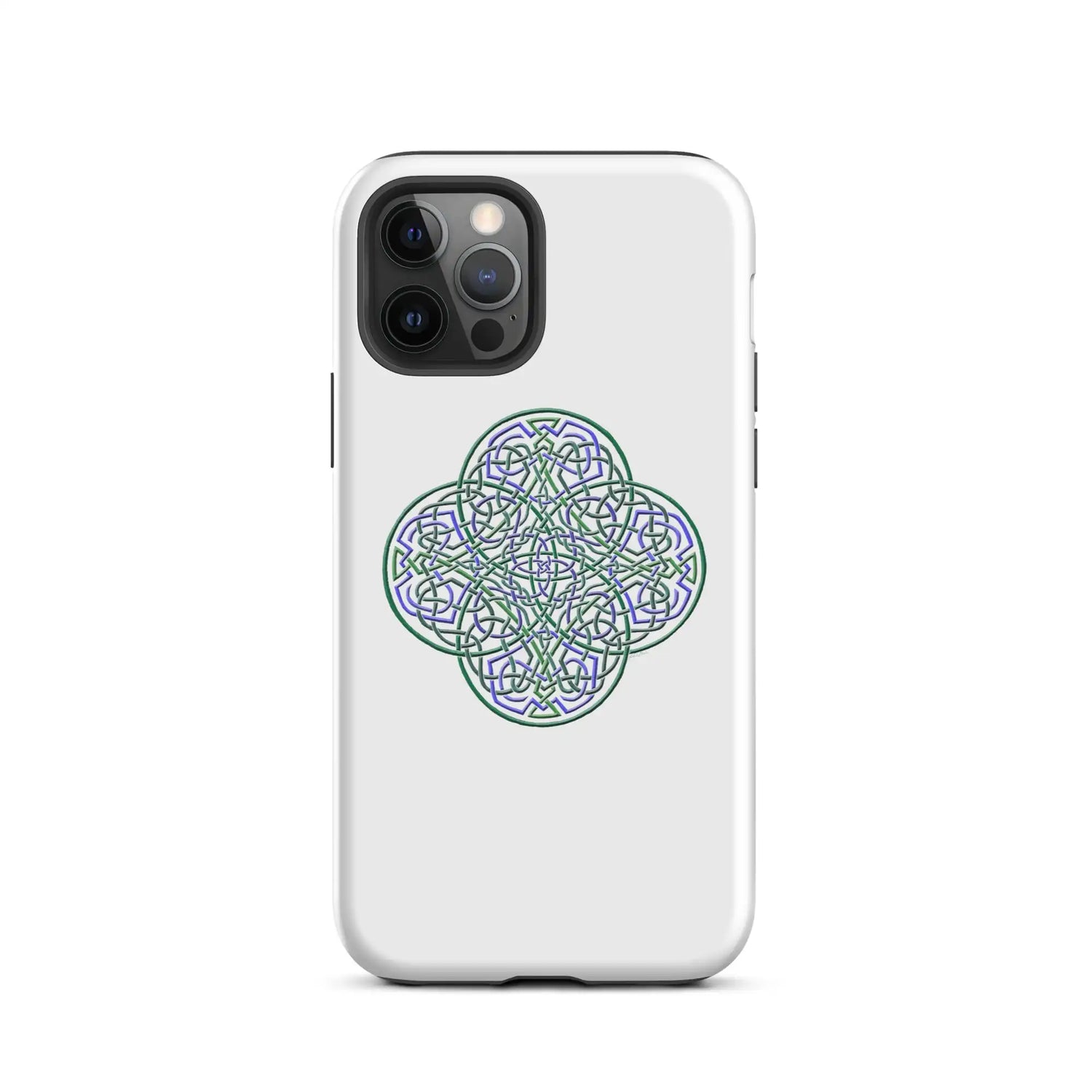 An iPhone 12 Pro in a Xigfireon matte white tough phone case featuring the Living Colour iteration of the Reach Of The Spirit Celtic knot design. The Reach Of The Spirit Celtic knot design is an Earth symbol.