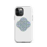 An iPhone 12 Pro in a Xigfireon matte white tough phone case featuring the Living Colour iteration of the Reach Of The Spirit Celtic knot design. The Reach Of The Spirit Celtic knot design is an Earth symbol.