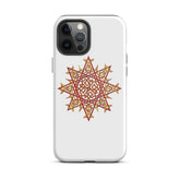 An iPhone 12 Pro Max in a Xigfireon glossy white tough phone case featuring the Fire Colour iteration of the Morning Star Fire Celtic knot design. The Morning Star Fire Celtic knot design is a Sun symbol.