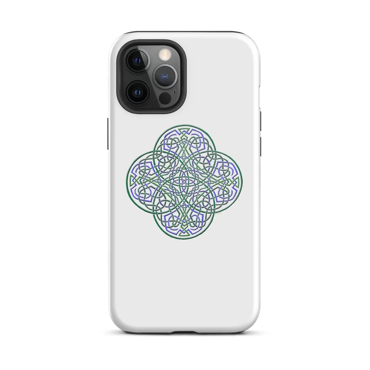 An iPhone 12 Pro Max in a Xigfireon glossy white tough phone case featuring the Living Colour iteration of the Reach Of The Spirit Celtic knot design. The Reach Of The Spirit Celtic knot design is an Earth symbol.