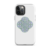 An iPhone 12 Pro Max in a Xigfireon glossy white tough phone case featuring the Living Colour iteration of the Reach Of The Spirit Celtic knot design. The Reach Of The Spirit Celtic knot design is an Earth symbol.