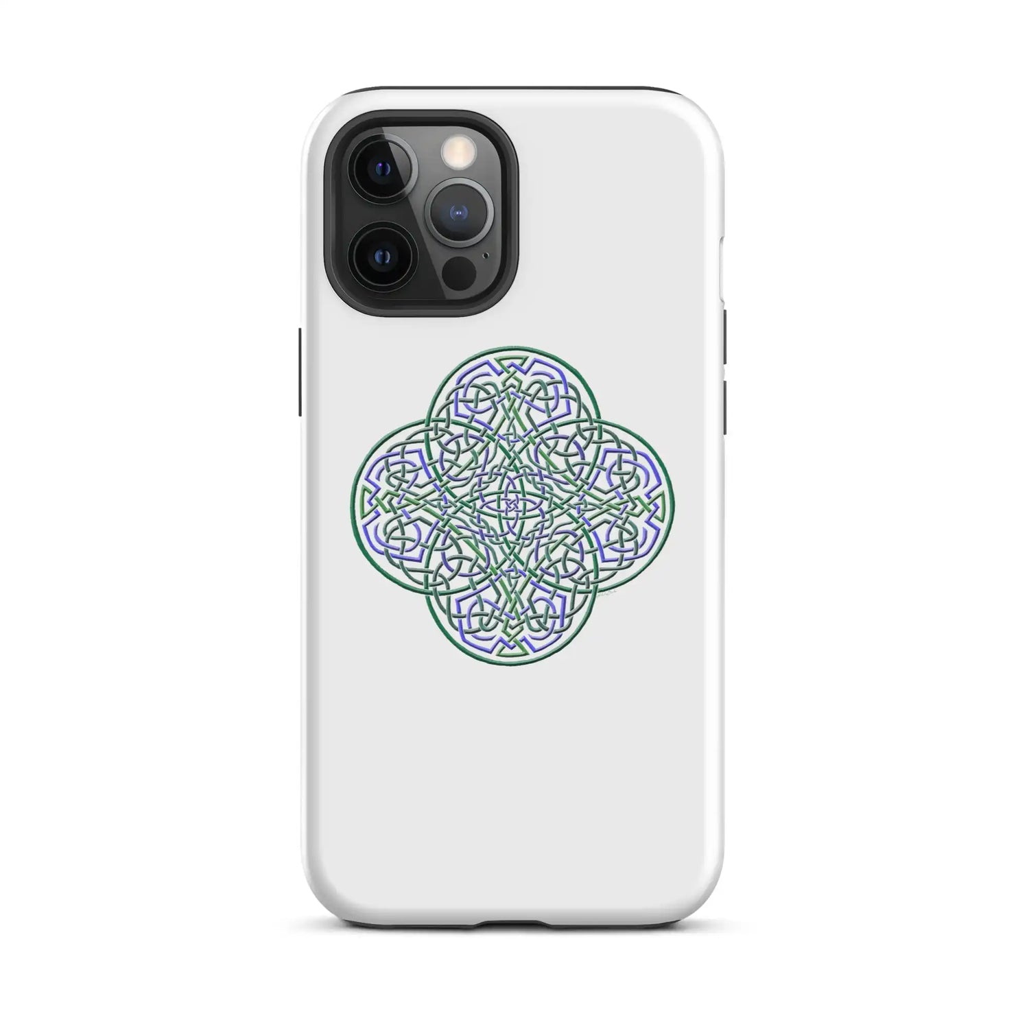 An iPhone 12 Pro Max in a Xigfireon matte white tough phone case featuring the Living Colour iteration of the Reach Of The Spirit Celtic knot design. The Reach Of The Spirit Celtic knot design is an Earth symbol.