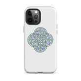An iPhone 12 Pro Max in a Xigfireon matte white tough phone case featuring the Living Colour iteration of the Reach Of The Spirit Celtic knot design. The Reach Of The Spirit Celtic knot design is an Earth symbol.