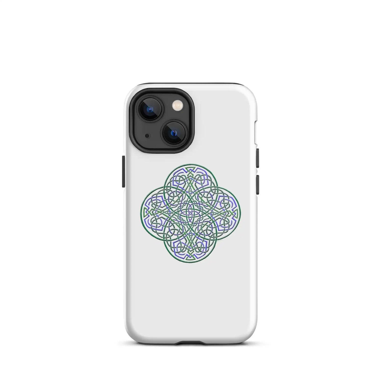 An iPhone 13 Mini in a Xigfireon glossy white tough phone case featuring the Living Colour iteration of the Reach Of The Spirit Celtic knot design. The Reach Of The Spirit Celtic knot design is an Earth symbol.