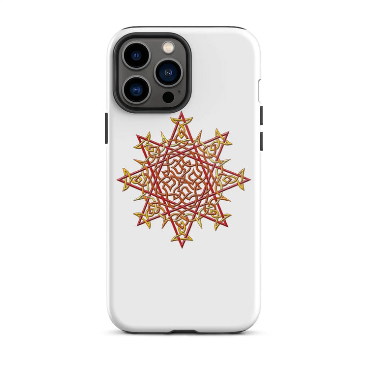 An iPhone 13 Pro Max in a Xigfireon glossy white tough phone case featuring the Fire Colour iteration of the Morning Star Fire Celtic knot design. The Morning Star Fire Celtic knot design is a Sun symbol.