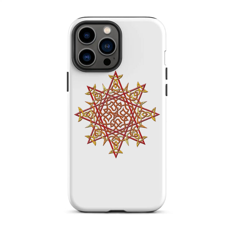 An iPhone 13 Pro Max in a Xigfireon matte white tough phone case featuring the Fire Colour iteration of the Morning Star Fire Celtic knot design. The Morning Star Fire Celtic knot design is a Sun symbol.