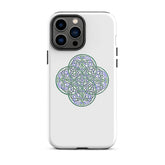An iPhone 13 Pro Max in a Xigfireon glossy white tough phone case featuring the Living Colour iteration of the Reach Of The Spirit Celtic knot design. The Reach Of The Spirit Celtic knot design is an Earth symbol.