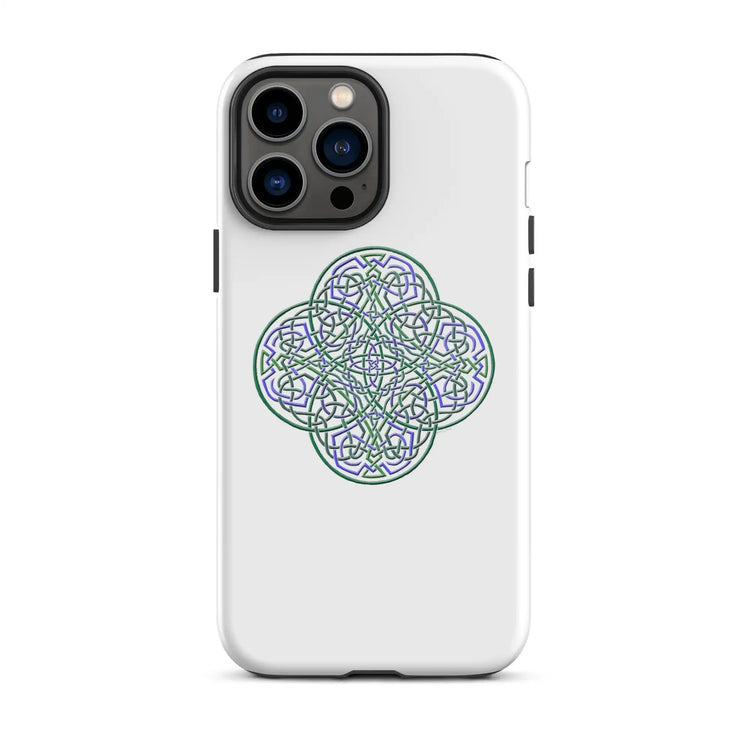 An iPhone 13 Pro Max in a Xigfireon glossy white tough phone case featuring the Living Colour iteration of the Reach Of The Spirit Celtic knot design. The Reach Of The Spirit Celtic knot design is an Earth symbol.