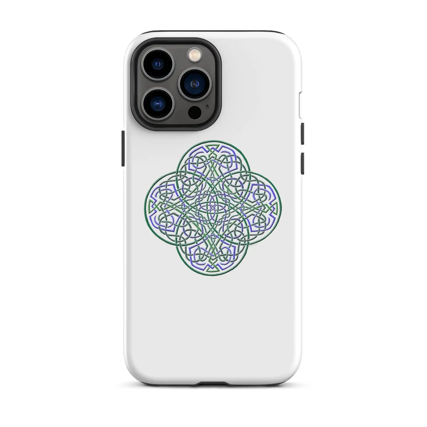 An iPhone 13 Pro Max in a Xigfireon matte white tough phone case featuring the Living Colour iteration of the Reach Of The Spirit Celtic knot design. The Reach Of The Spirit Celtic knot design is an Earth symbol.