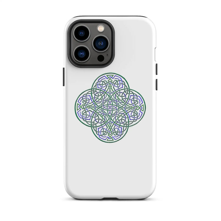 An iPhone 13 Pro Max in a Xigfireon matte white tough phone case featuring the Living Colour iteration of the Reach Of The Spirit Celtic knot design. The Reach Of The Spirit Celtic knot design is an Earth symbol.