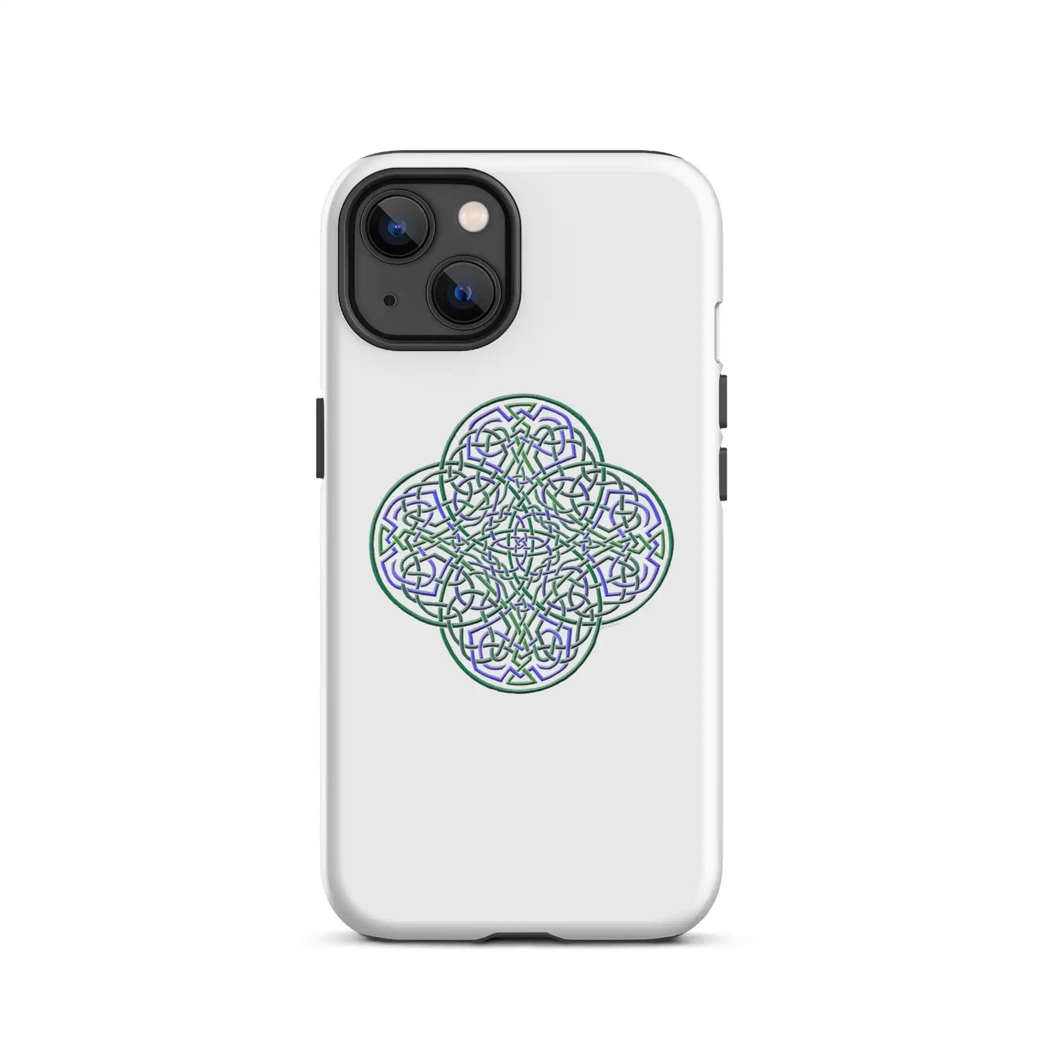An iPhone 13 in a Xigfireon matte white tough phone case featuring the Living Colour iteration of the Reach Of The Spirit Celtic knot design. The Reach Of The Spirit Celtic knot design is an Earth symbol.