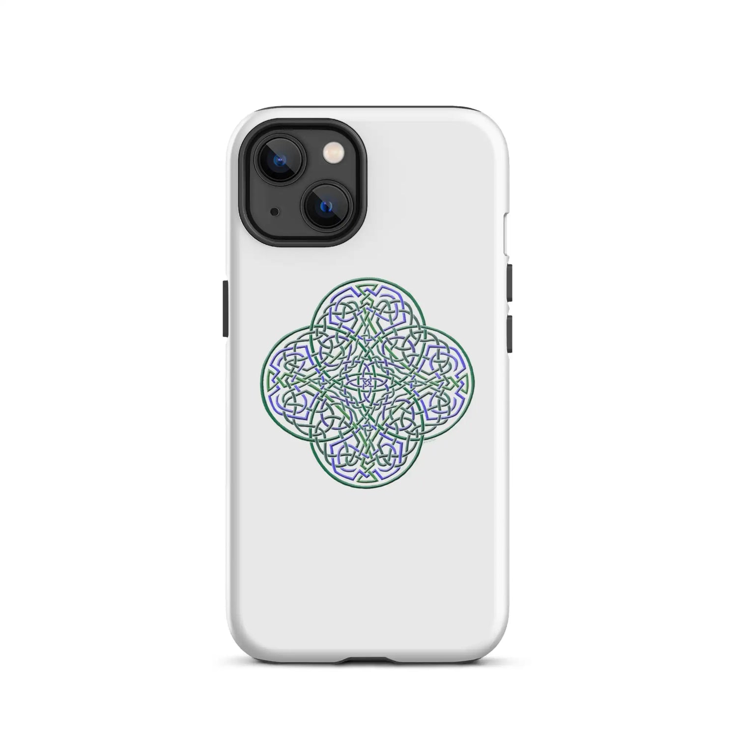 An iPhone 13 in a Xigfireon glossy white tough phone case featuring the Living Colour iteration of the Reach Of The Spirit Celtic knot design. The Reach Of The Spirit Celtic knot design is an Earth symbol.