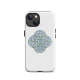 An iPhone 13 in a Xigfireon glossy white tough phone case featuring the Living Colour iteration of the Reach Of The Spirit Celtic knot design. The Reach Of The Spirit Celtic knot design is an Earth symbol.