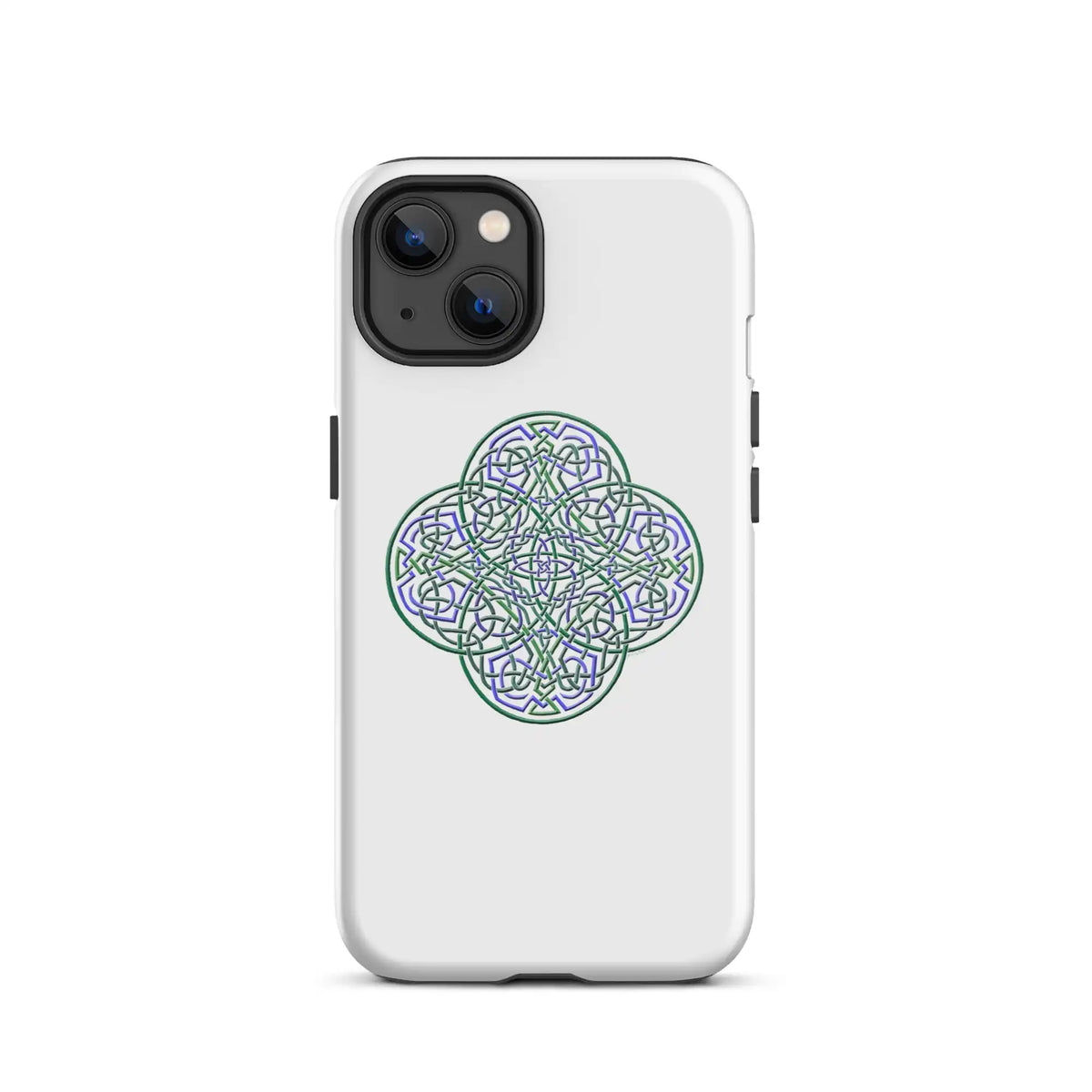 An iPhone 13 in a Xigfireon glossy white tough phone case featuring the Living Colour iteration of the Reach Of The Spirit Celtic knot design. The Reach Of The Spirit Celtic knot design is an Earth symbol.