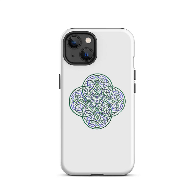 An iPhone 13 in a Xigfireon glossy white tough phone case featuring the Living Colour iteration of the Reach Of The Spirit Celtic knot design. The Reach Of The Spirit Celtic knot design is an Earth symbol.