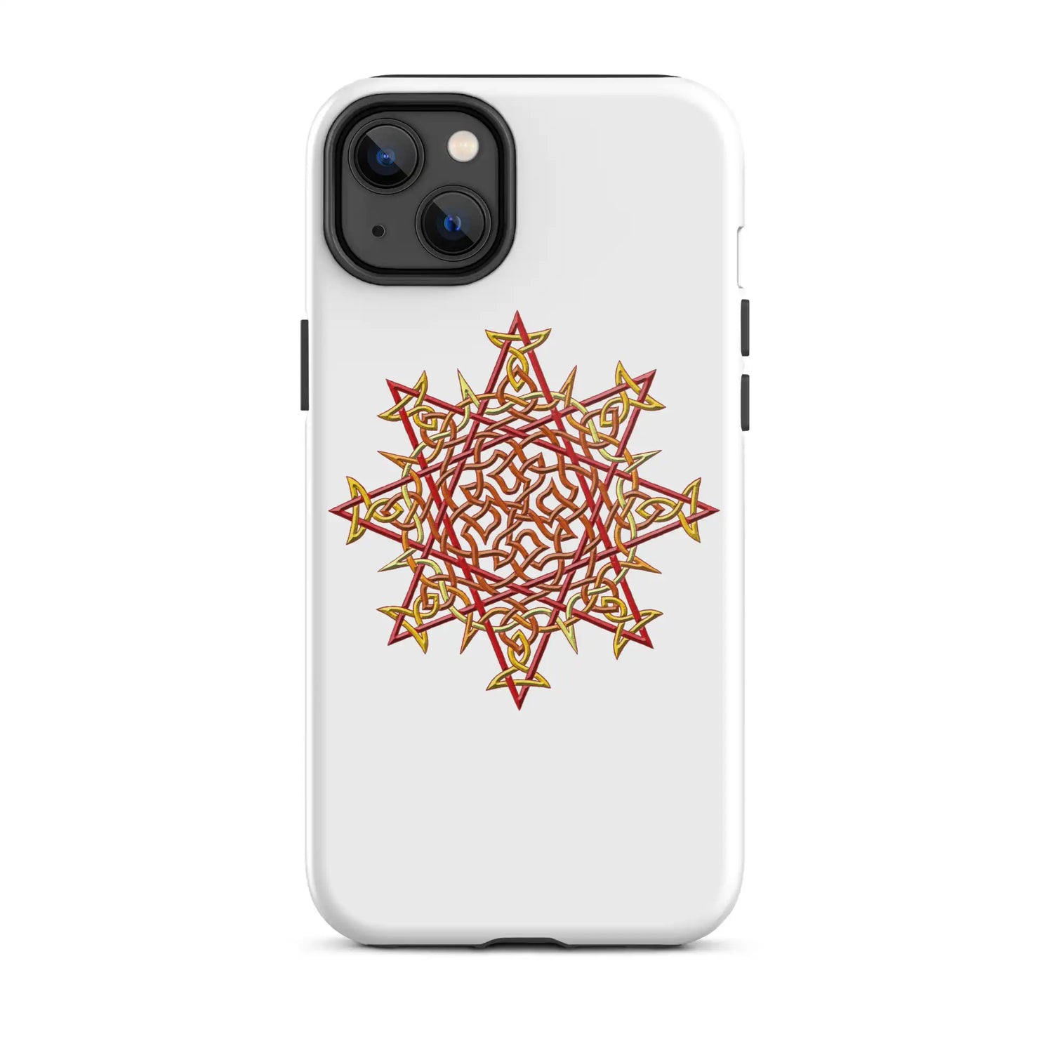 An iPhone 14 Plus in a Xigfireon glossy white tough phone case featuring the Fire Colour iteration of the Morning Star Fire Celtic knot design. The Morning Star Fire Celtic knot design is a Sun symbol.