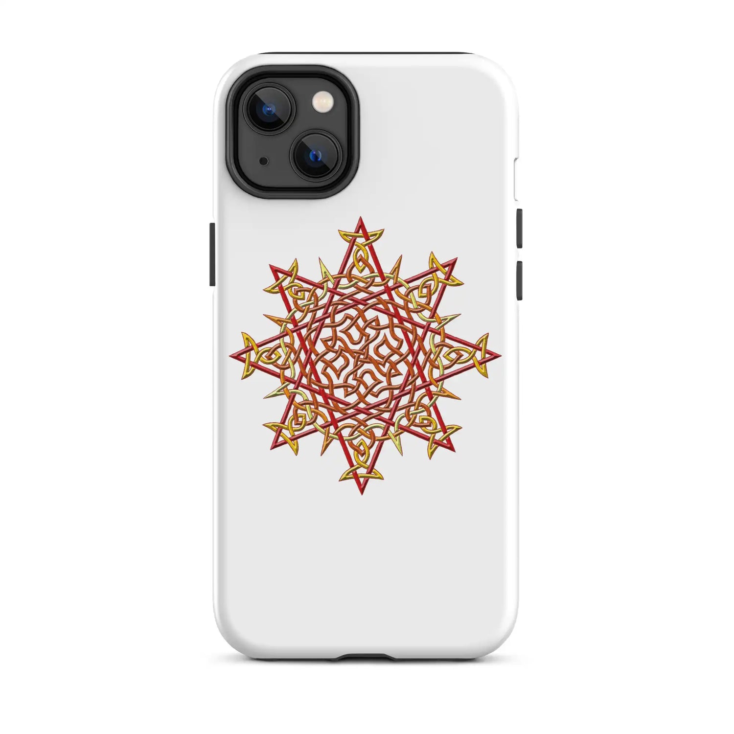 An iPhone 14 Plus in a Xigfireon matte white tough phone case featuring the Fire Colour iteration of the Morning Star Fire Celtic knot design. The Morning Star Fire Celtic knot design is a Sun symbol.