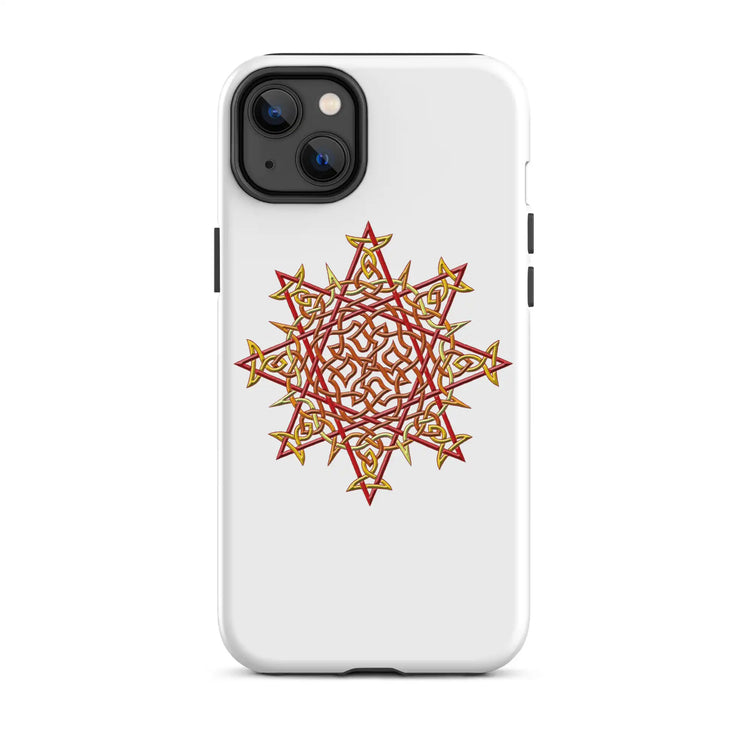 An iPhone 14 Plus in a Xigfireon matte white tough phone case featuring the Fire Colour iteration of the Morning Star Fire Celtic knot design. The Morning Star Fire Celtic knot design is a Sun symbol.