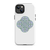 An iPhone 14 Plus in a Xigfireon matte white tough phone case featuring the Living Colour iteration of the Reach Of The Spirit Celtic knot design. The Reach Of The Spirit Celtic knot design is an Earth symbol.
