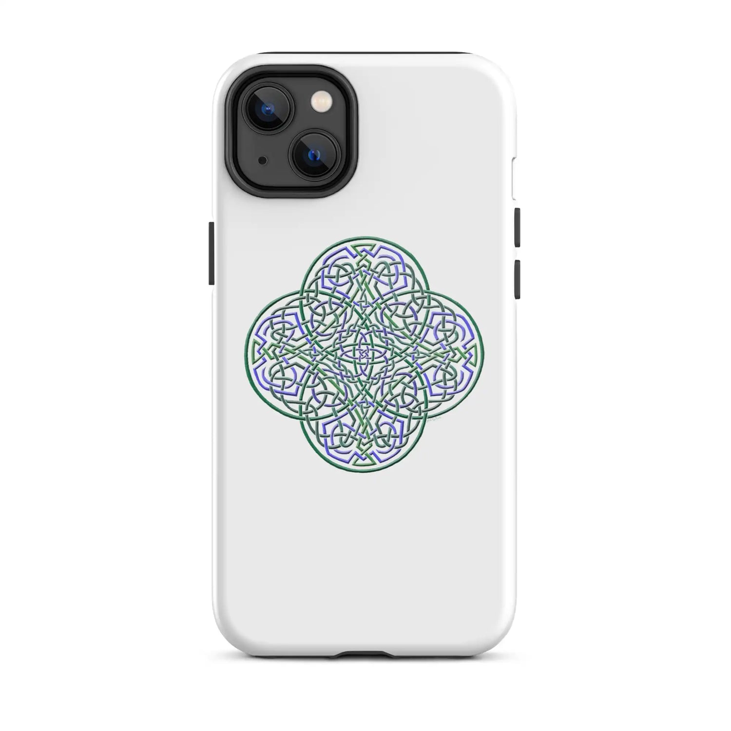 An iPhone 14 Plus in a Xigfireon glossy white tough phone case featuring the Living Colour iteration of the Reach Of The Spirit Celtic knot design. The Reach Of The Spirit Celtic knot design is an Earth symbol.